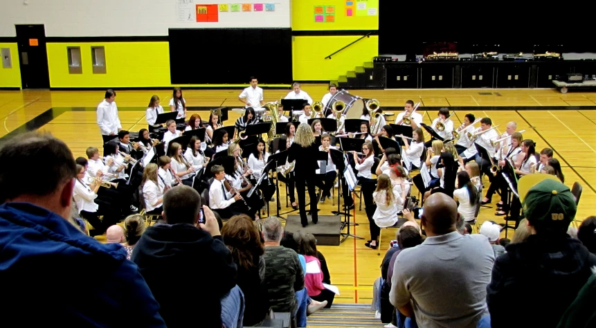 an orchestra with the conductor performing on a stage