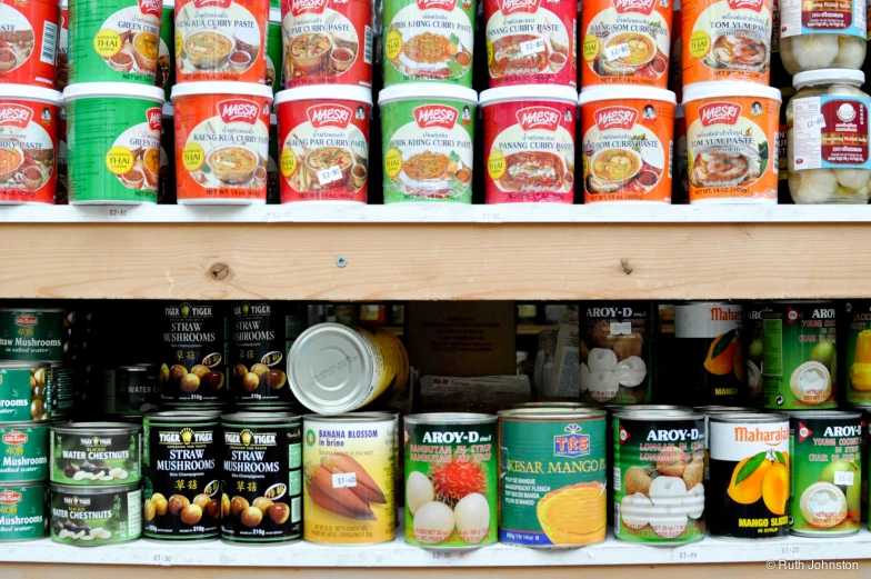 canned food items on shelves are displayed in a store
