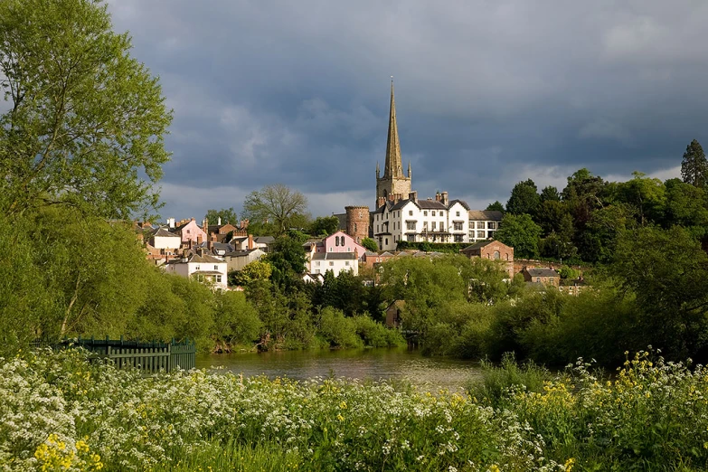 a city with many trees in front of a river