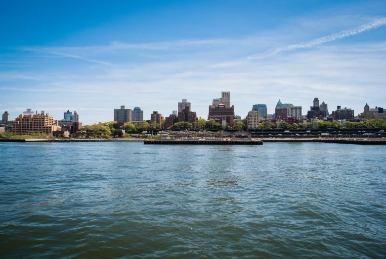 the buildings on the water are tall and in high rise