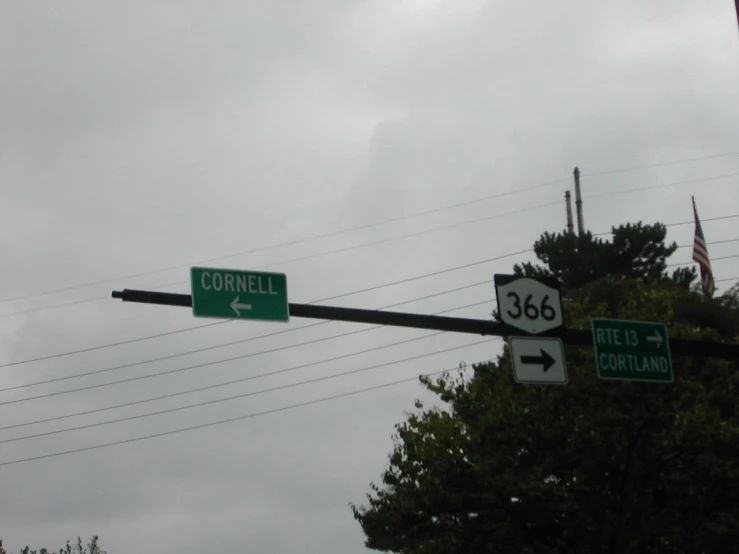 traffic signal and sign hanging from a street light