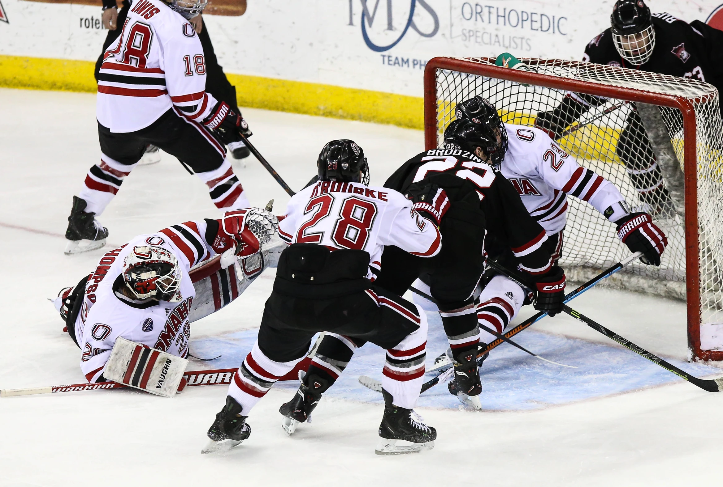 the hockey goalie makes the save on the net