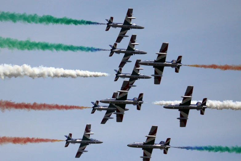 six jets are flying in formation and leaving colorful smoke trail behind them