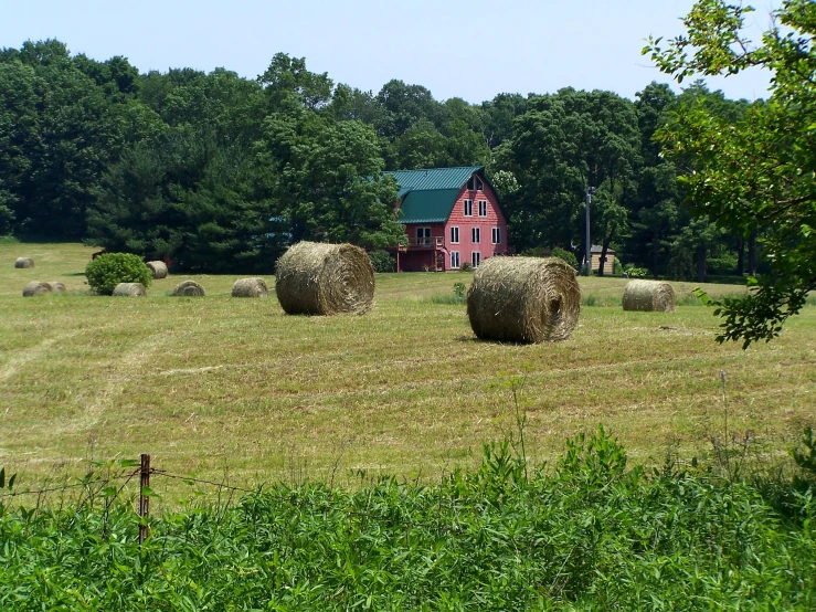 two red barns with bales of hay on the grass