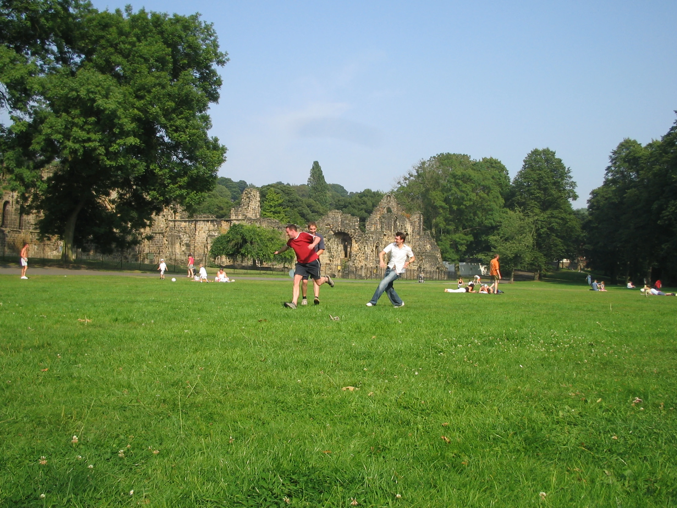 several people stand in an open field with a large stone building in the background