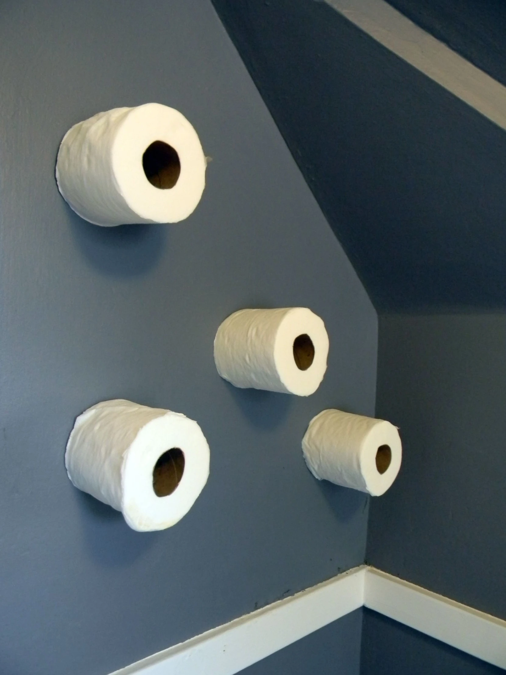 three rolls of toilet paper are hanging on the wall