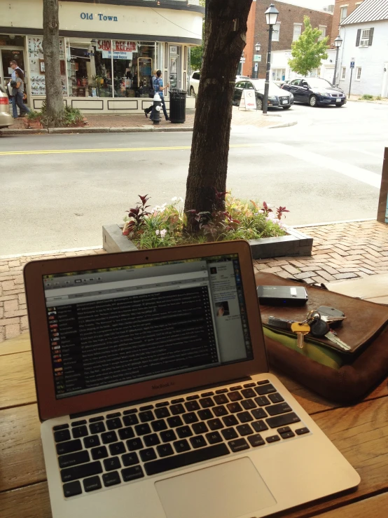 an open laptop sits on the table near a tree