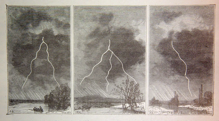 three panels with trees in the distance and lightning coming out from behind them