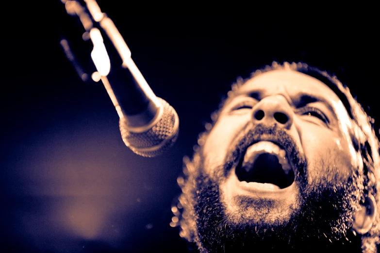 a bearded man holding a microphone up to his chest