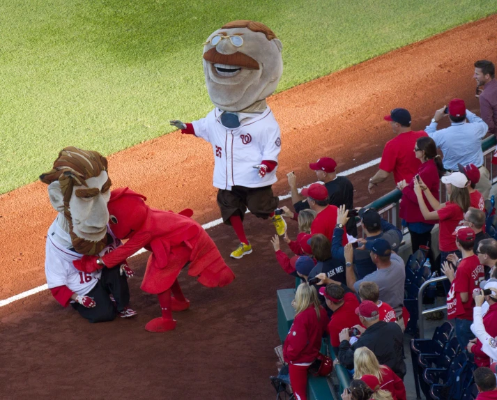 a mascot in a baseball game leads the way from a bull mascot