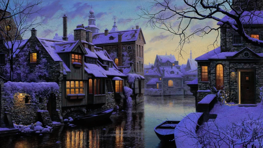 a painting shows houses on a snowy night