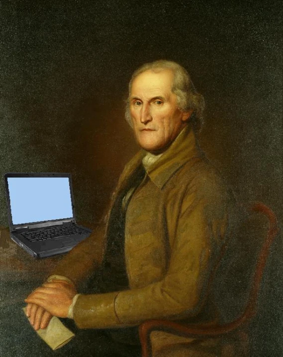 a painting of a person holding an open laptop