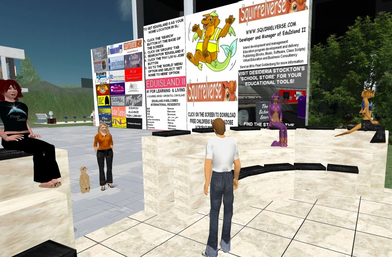 some virtual people are standing around a display of posters
