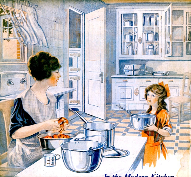 an old fashion woman and girl making some very nice items in the kitchen