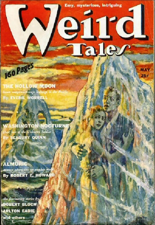 the cover to weird tales magazine featuring a man and woman climbing a mountain