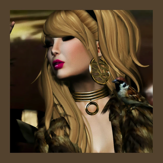 this digital art shows a woman with a gold hoop earrings and a bird