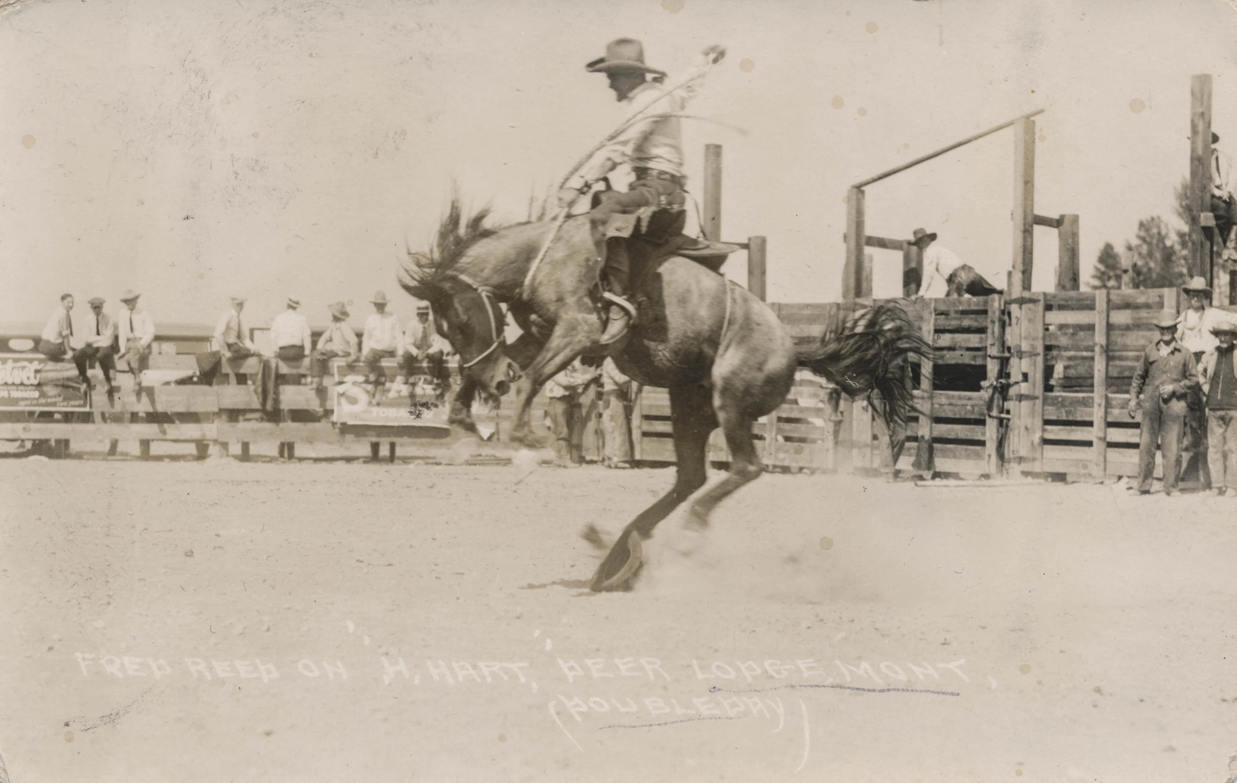 a cowboy riding on the back of a horse in an arena