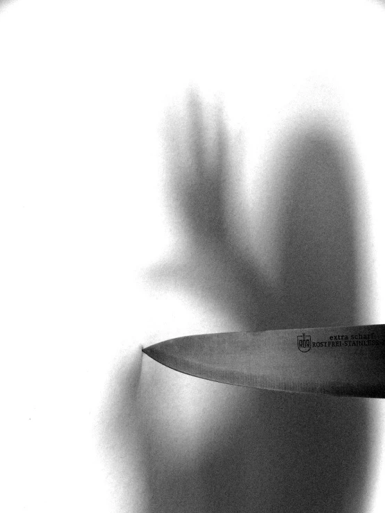 a black and white picture of a hand holding a knife