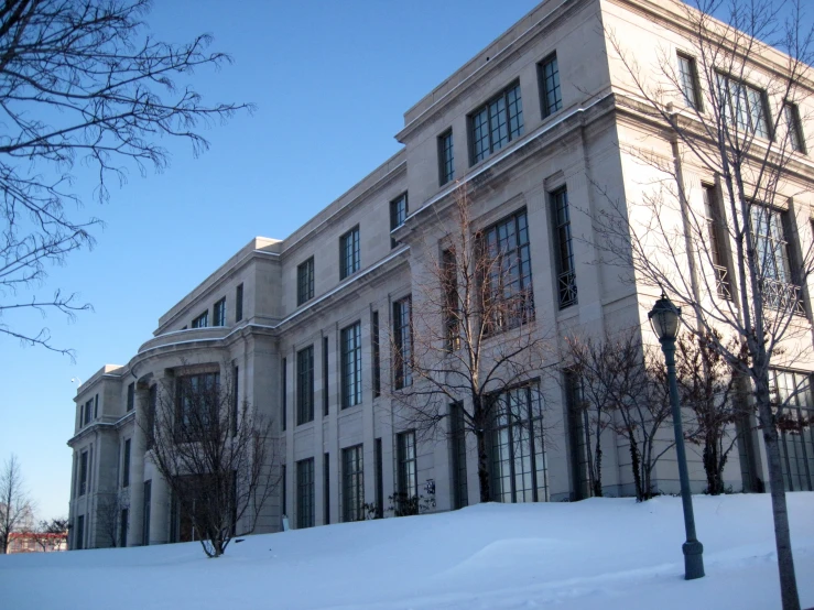 there is a very tall building in the snow