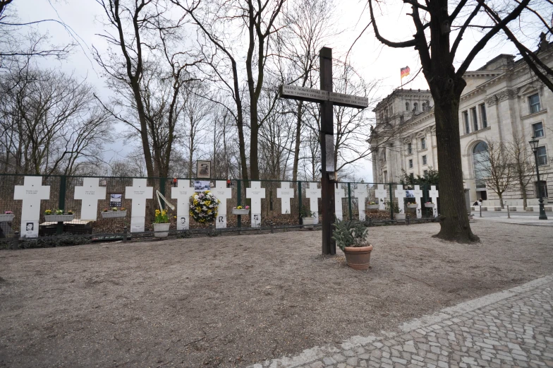 crosses, flowers and candles are set in the park