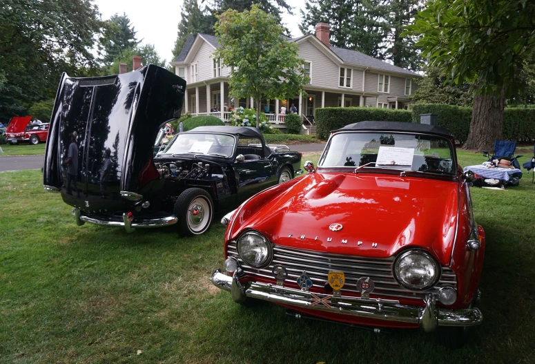 two cars parked in the grass outside near houses