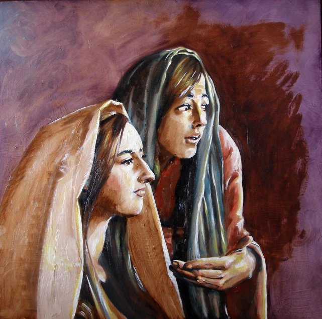 two women wearing blankets are on a purple background