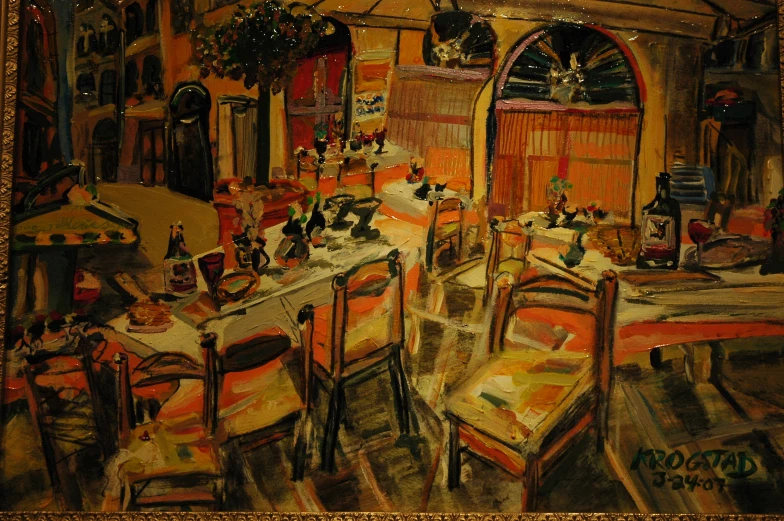 an oil painting on canvas of an old fashioned restaurant with many tables