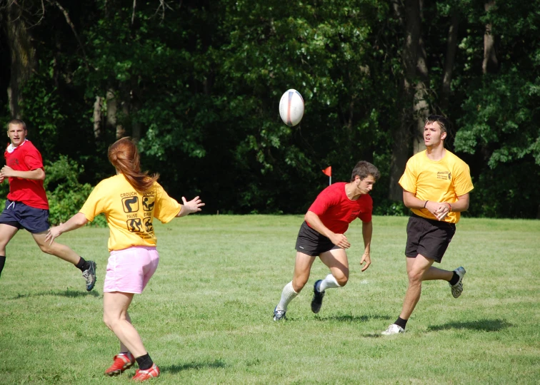 some people in the grass and one has a white ball