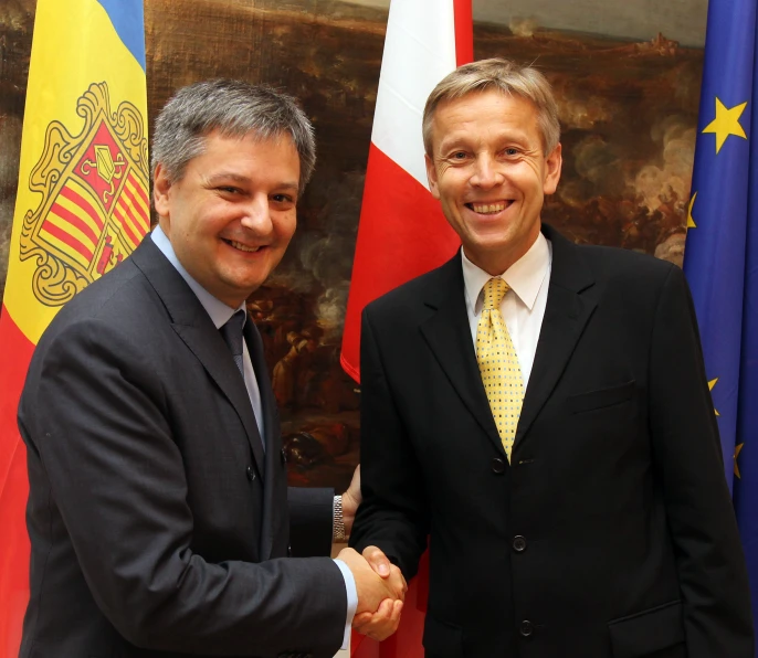 two men in suits shaking hands near two flags