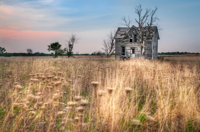 a house is in the middle of a field with tall grass