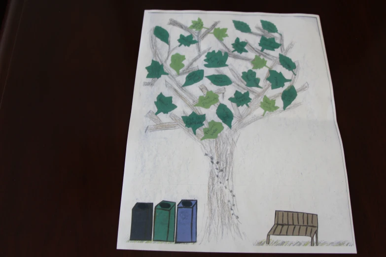 a drawing depicting a bench and tree
