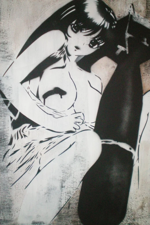 the artwork is black and white with a woman in a dress and umbrella
