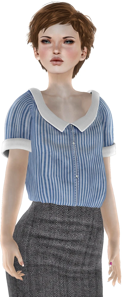 a female character wearing a blue striped shirt