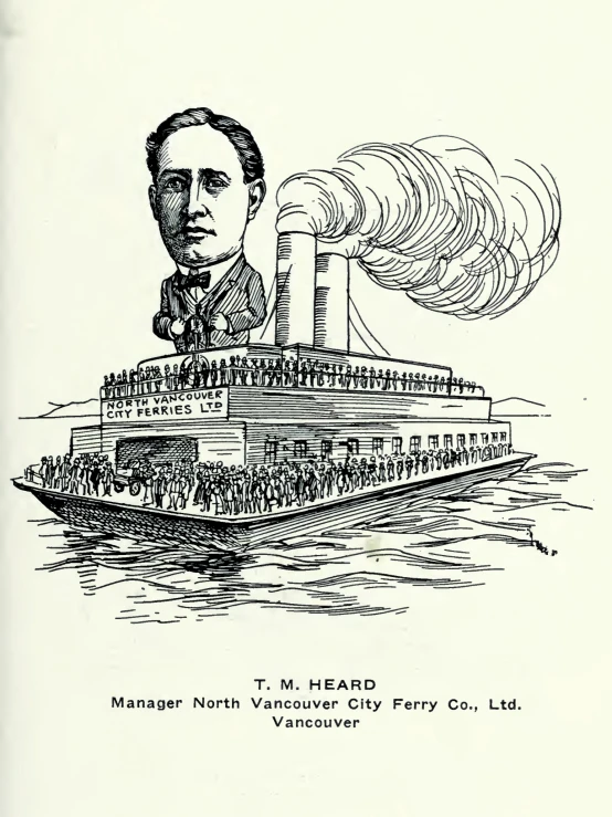 a drawing of a man on a boat, next to a factory and smoking stacks