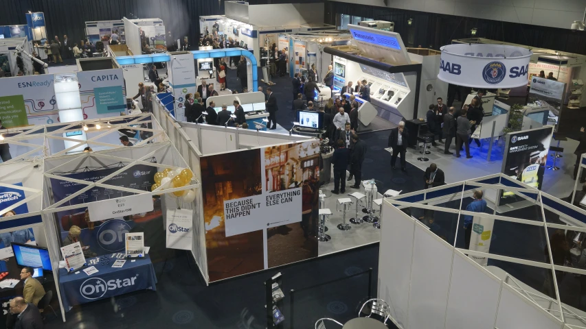 an aerial view of a booth at a technology and electronics exhibition