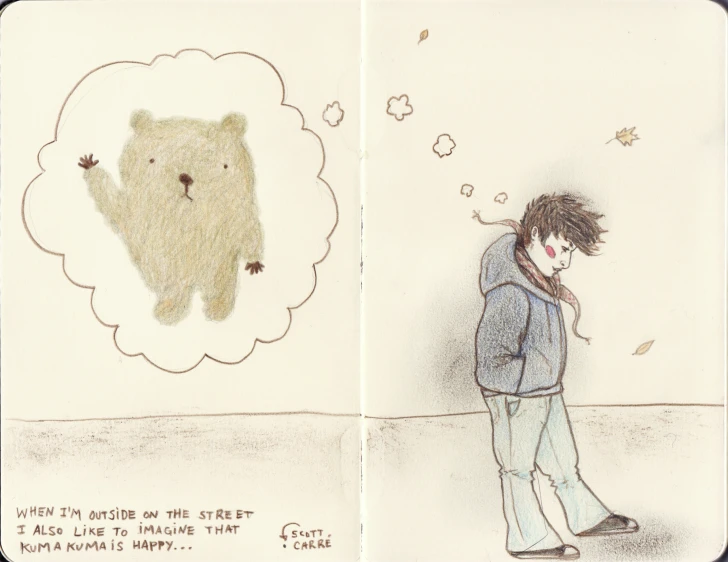 a boy looking at his bear on another page