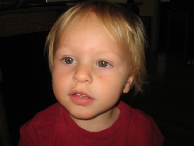 a young blonde boy in a red sweater is staring ahead