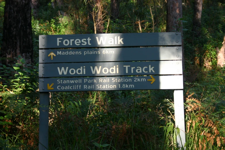 a wooden sign that is in the forest