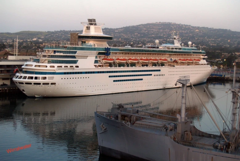 the large cruise ship is sitting in the dock