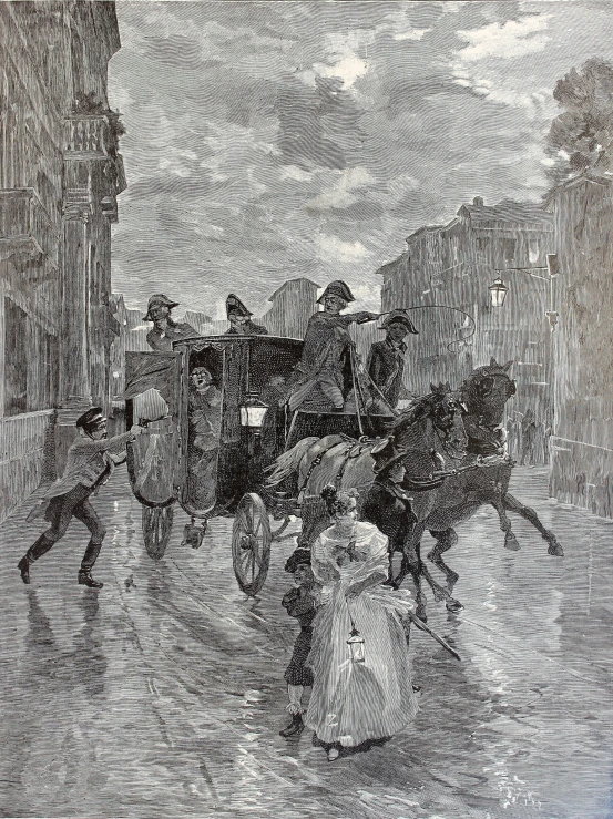 an old black and white drawing of a street