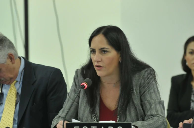 a woman sitting at a table with a microphone