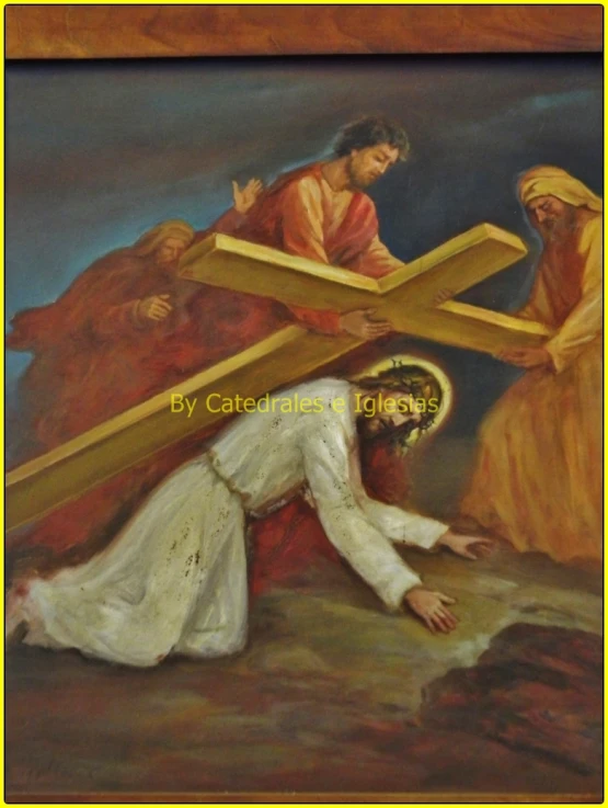 a painting of jesus carrying the cross on the ground