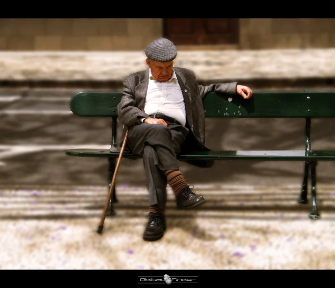 an old gentleman sits on a bench outside