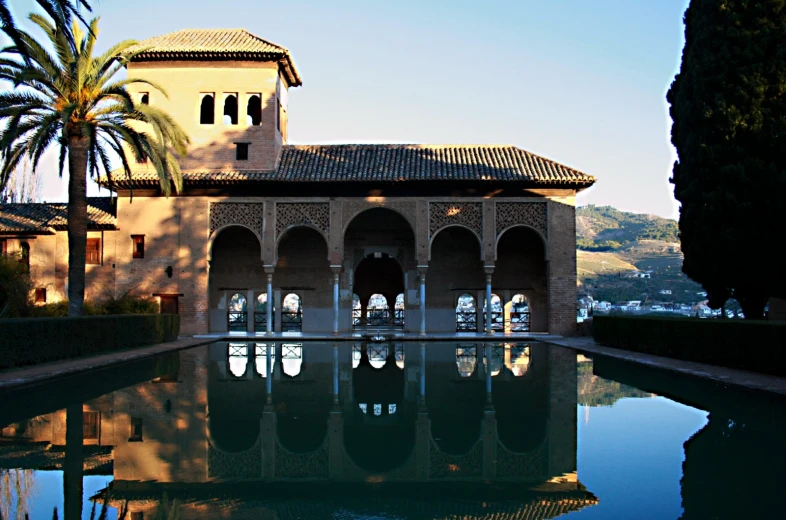 a large courtyard of some sort with a pool