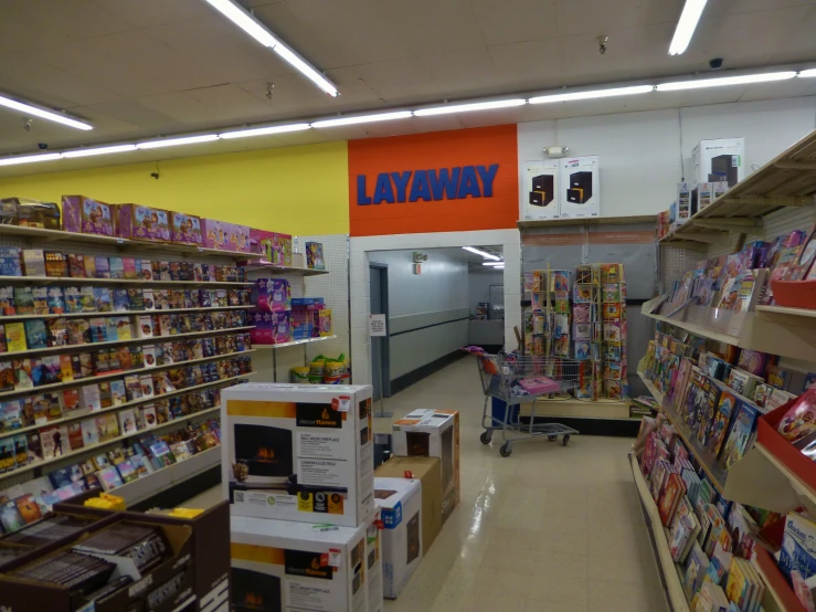 aisle view into a store full of goods