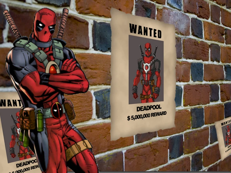 some deadpool themed posters near some brick