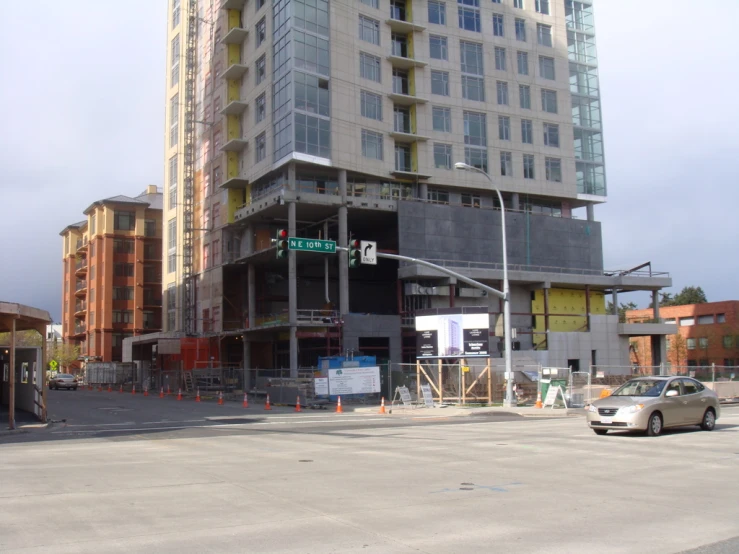 an intersection with a stop light and construction