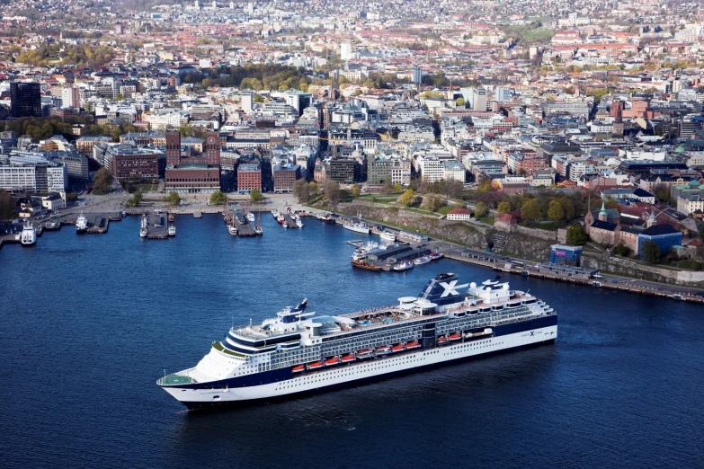 a cruise ship travels in the ocean past other ships