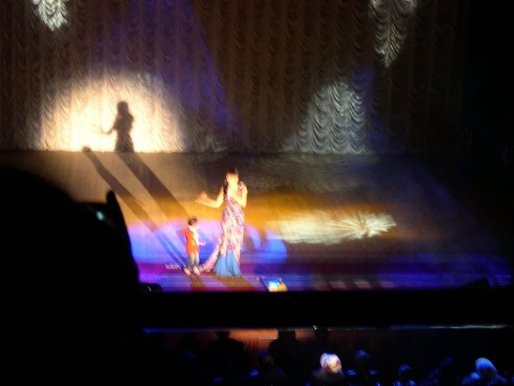 a person with a shadow on stage and other people