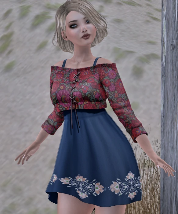 a virtual woman wearing a dress by some grass